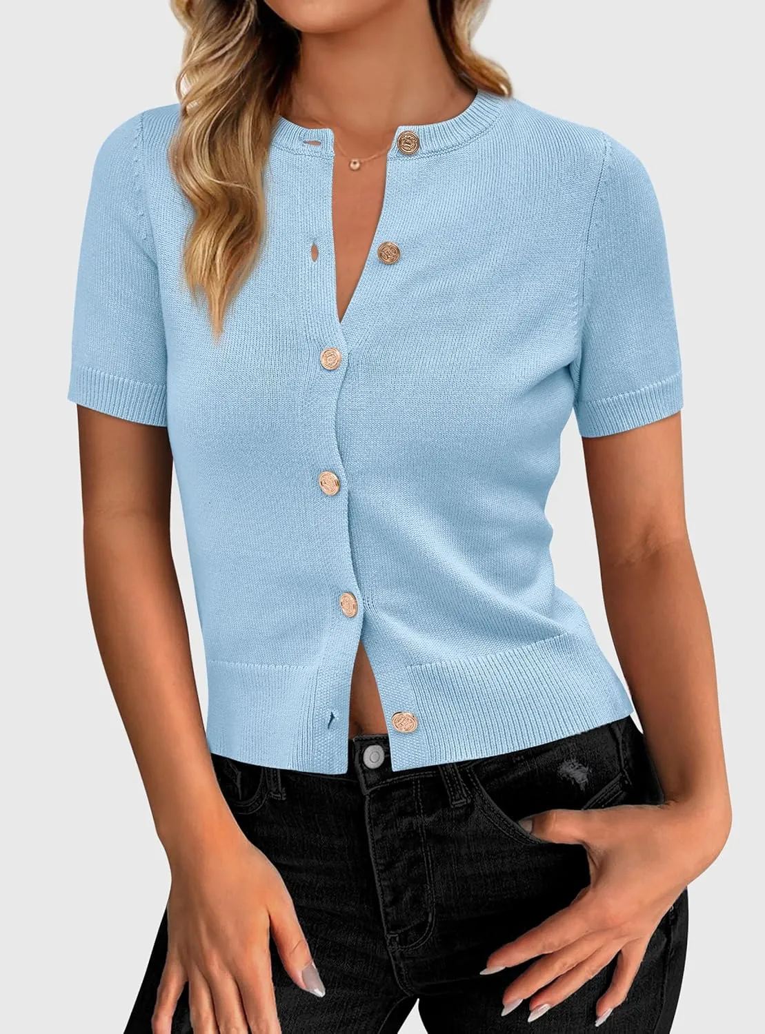 PRETTYGARDEN Womens Casual Summer Short Sleeve Cardigans 2025 Button Down Knitted Sweater Basic Crew Neck Crop Tops