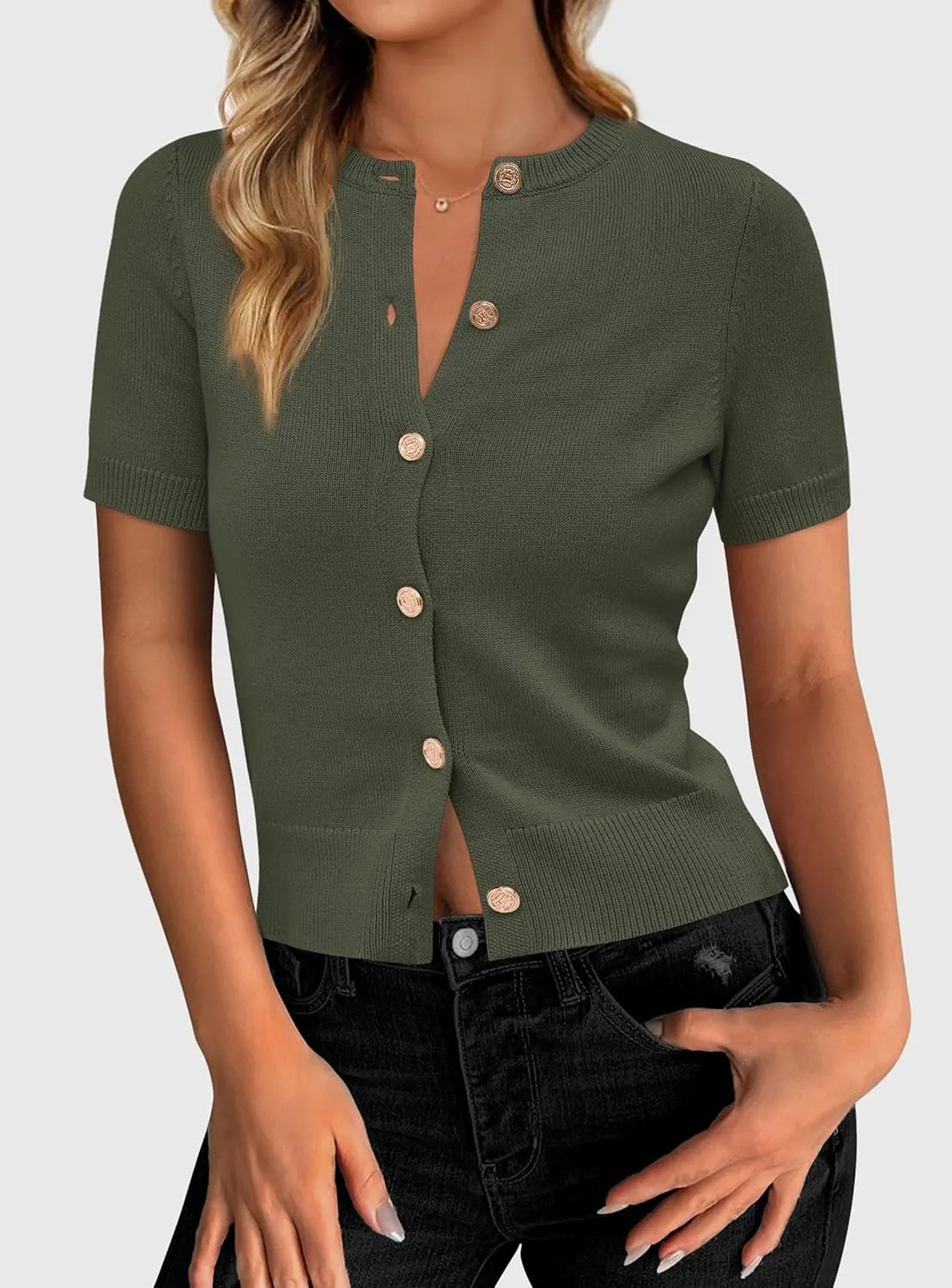 PRETTYGARDEN Womens Casual Summer Short Sleeve Cardigans 2025 Button Down Knitted Sweater Basic Crew Neck Crop Tops