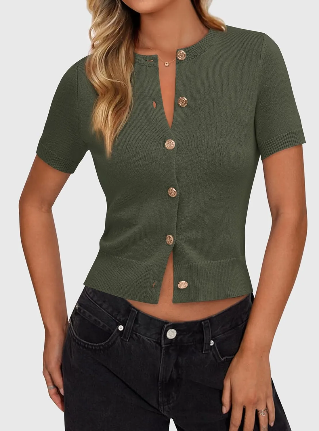 PRETTYGARDEN Womens Casual Summer Short Sleeve Cardigans 2025 Button Down Knitted Sweater Basic Crew Neck Crop Tops