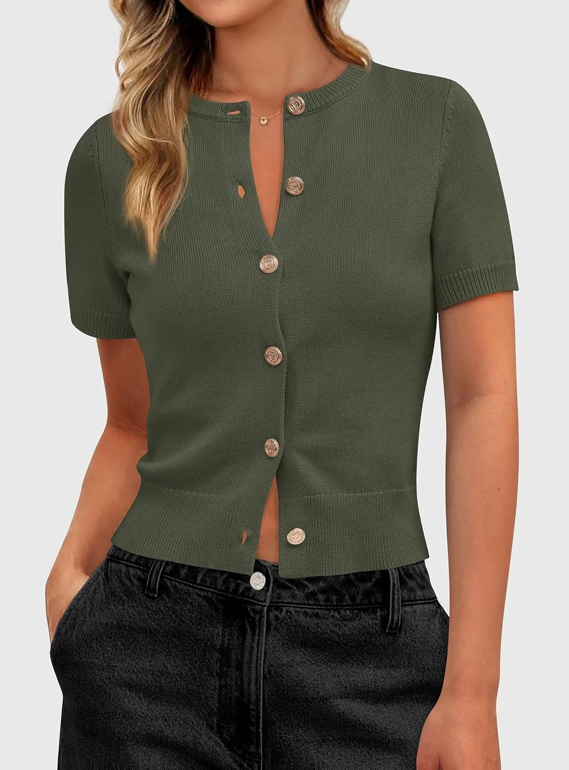 PRETTYGARDEN Womens Casual Summer Short Sleeve Cardigans 2025 Button Down Knitted Sweater Basic Crew Neck Crop Tops