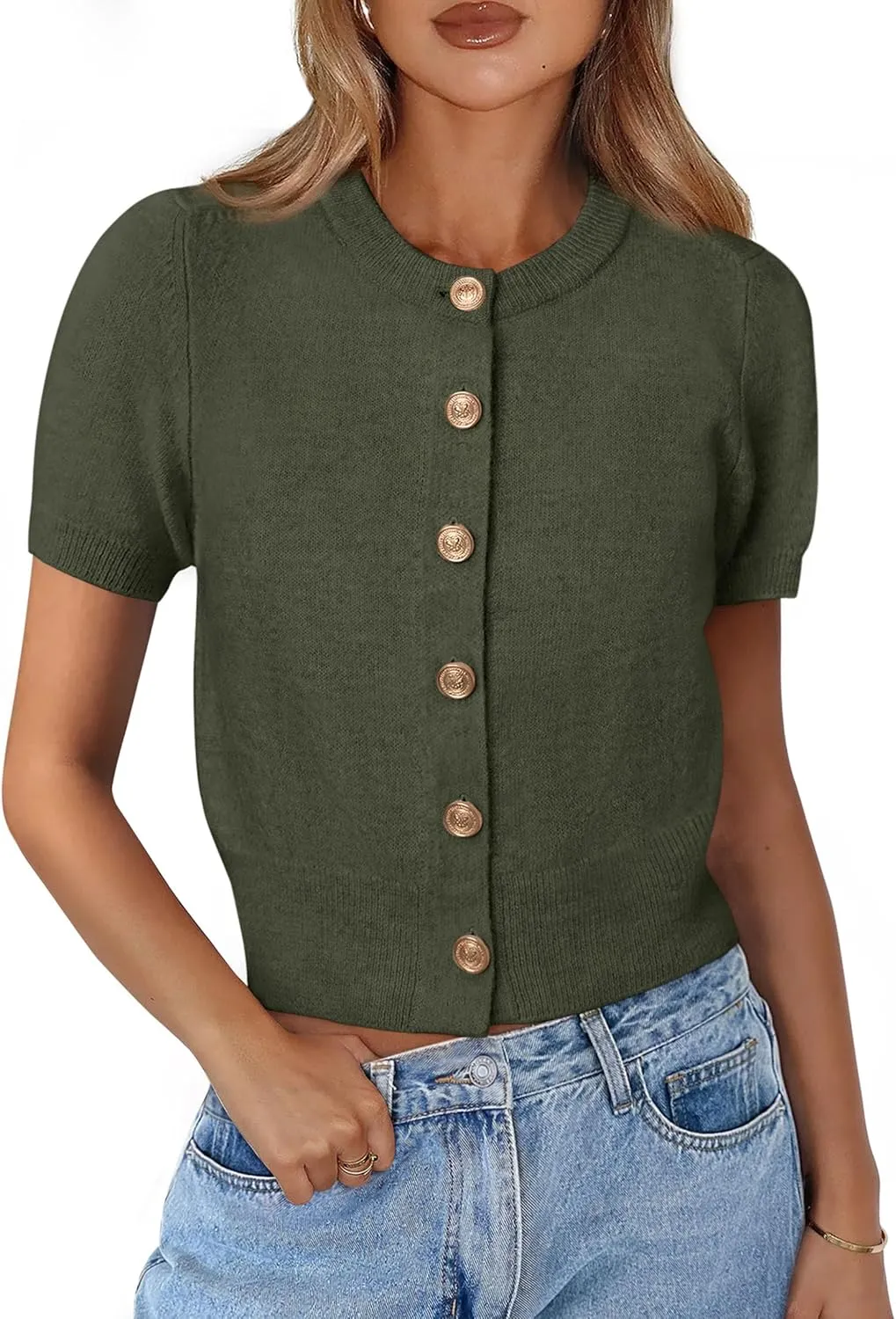 PRETTYGARDEN Womens Casual Summer Short Sleeve Cardigans 2025 Button Down Knitted Sweater Basic Crew Neck Crop Tops