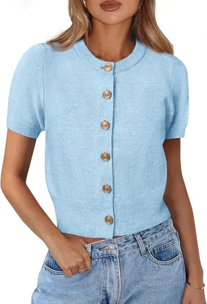 PRETTYGARDEN Womens Casual Summer Short Sleeve Cardigans 2025 Button Down Knitted Sweater Basic Crew Neck Crop Tops