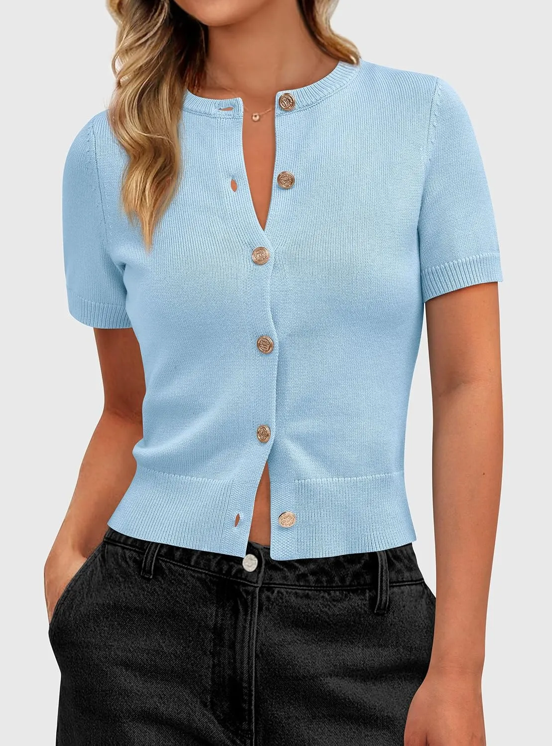 PRETTYGARDEN Womens Casual Summer Short Sleeve Cardigans 2025 Button Down Knitted Sweater Basic Crew Neck Crop Tops