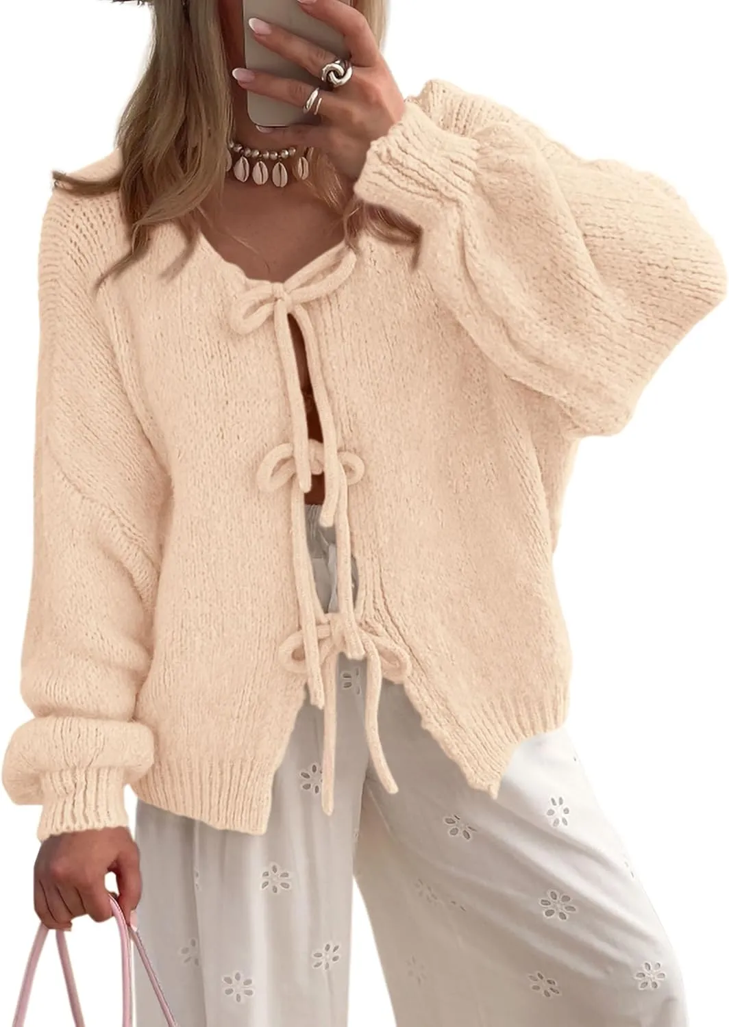 PRETTYGARDEN Women's Tie Front Bow Cardigan Sweaters Chunky Knit Long Puff Sleeve Trendy Fall Winter Jacket Coats