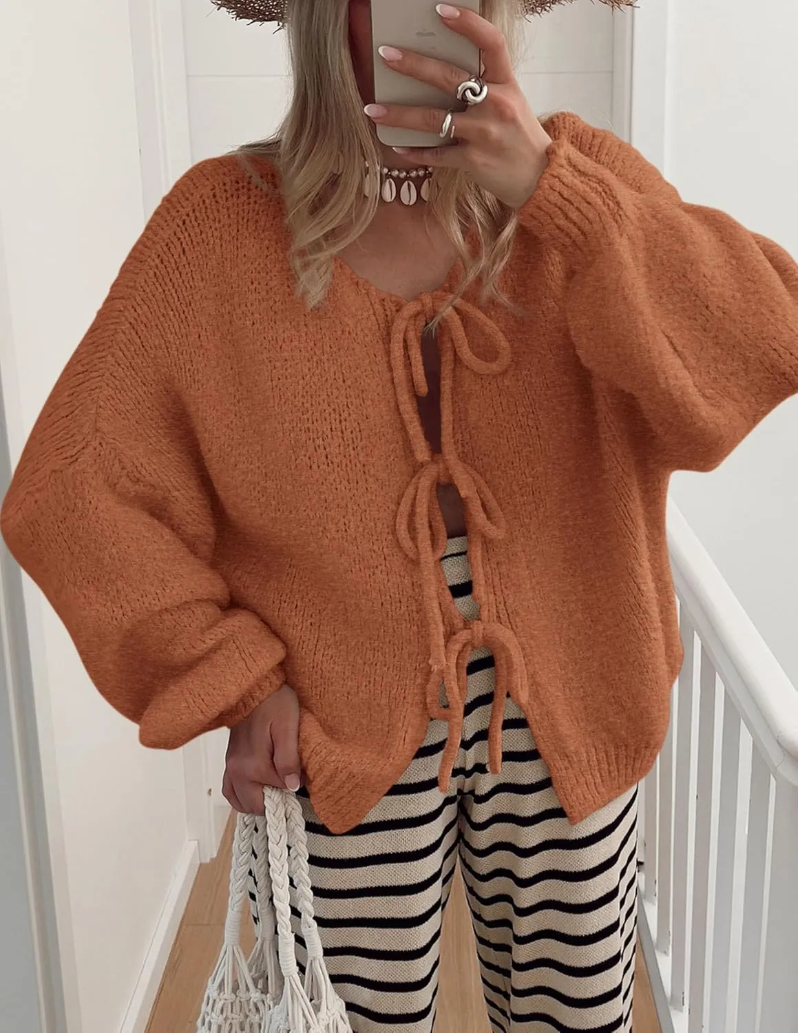 PRETTYGARDEN Women's Tie Front Bow Cardigan Sweaters Chunky Knit Long Puff Sleeve Trendy Fall Winter Jacket Coats