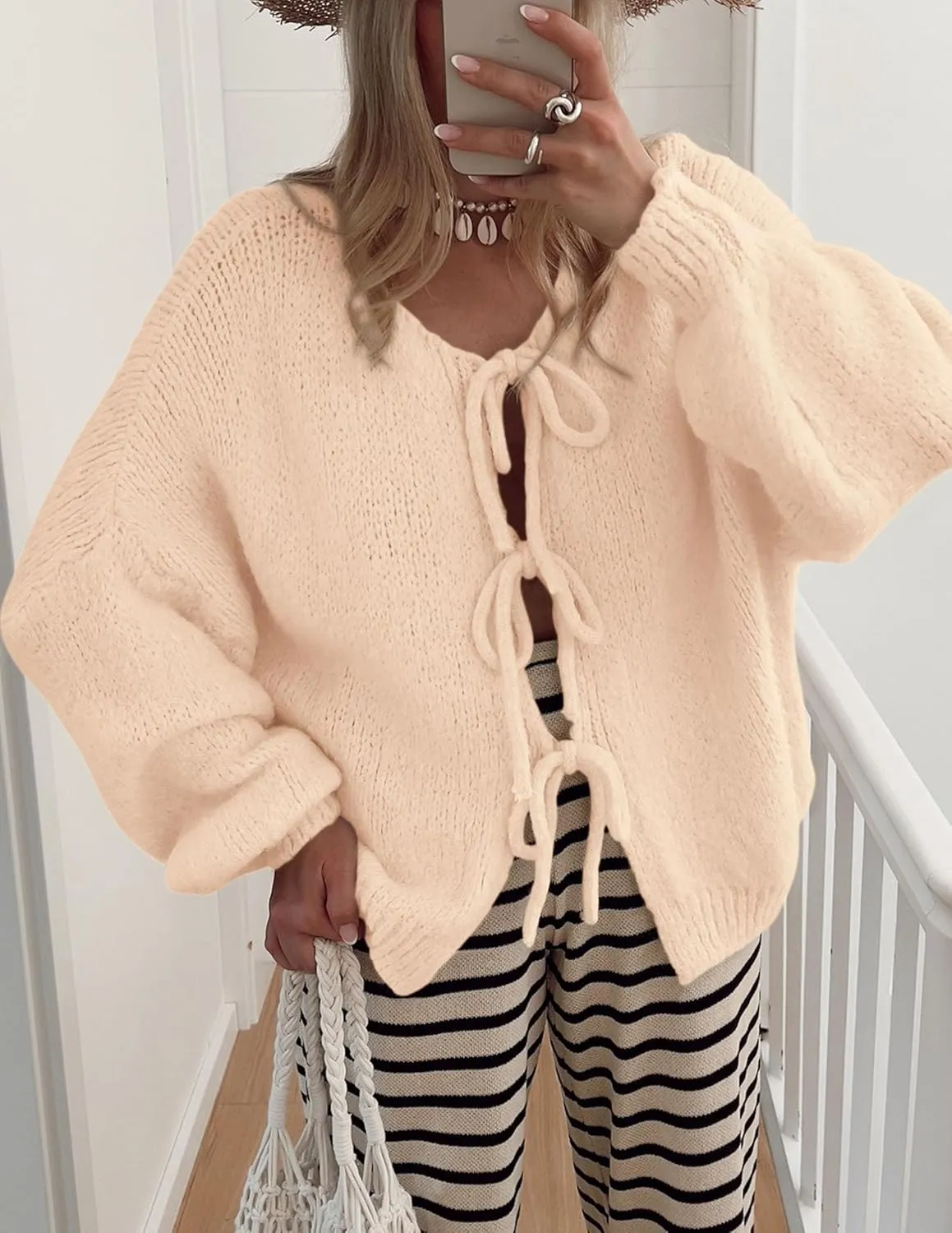 PRETTYGARDEN Women's Tie Front Bow Cardigan Sweaters Chunky Knit Long Puff Sleeve Trendy Fall Winter Jacket Coats