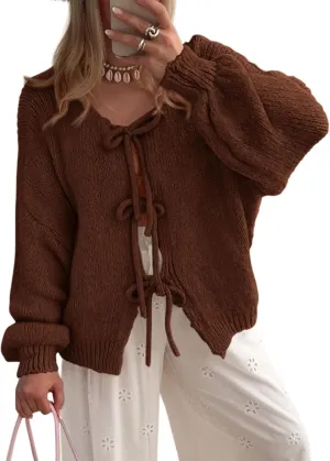 PRETTYGARDEN Women's Tie Front Bow Cardigan Sweaters Chunky Knit Long Puff Sleeve Trendy Fall Winter Jacket Coats