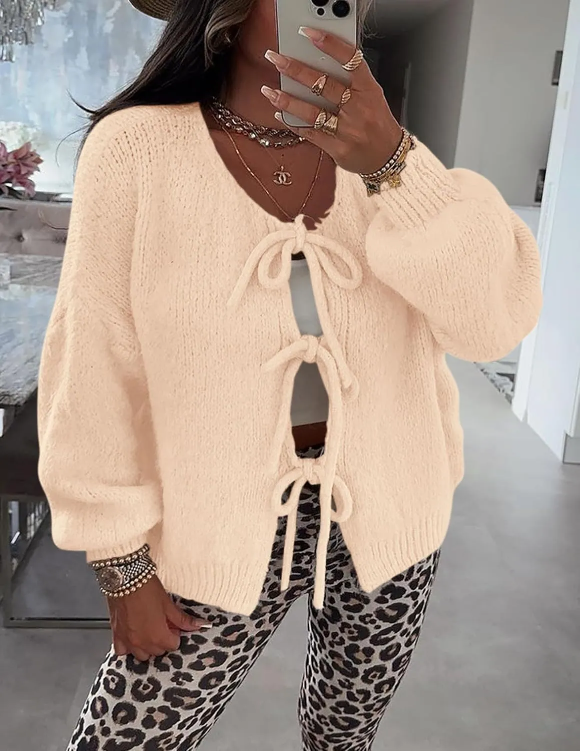 PRETTYGARDEN Women's Tie Front Bow Cardigan Sweaters Chunky Knit Long Puff Sleeve Trendy Fall Winter Jacket Coats