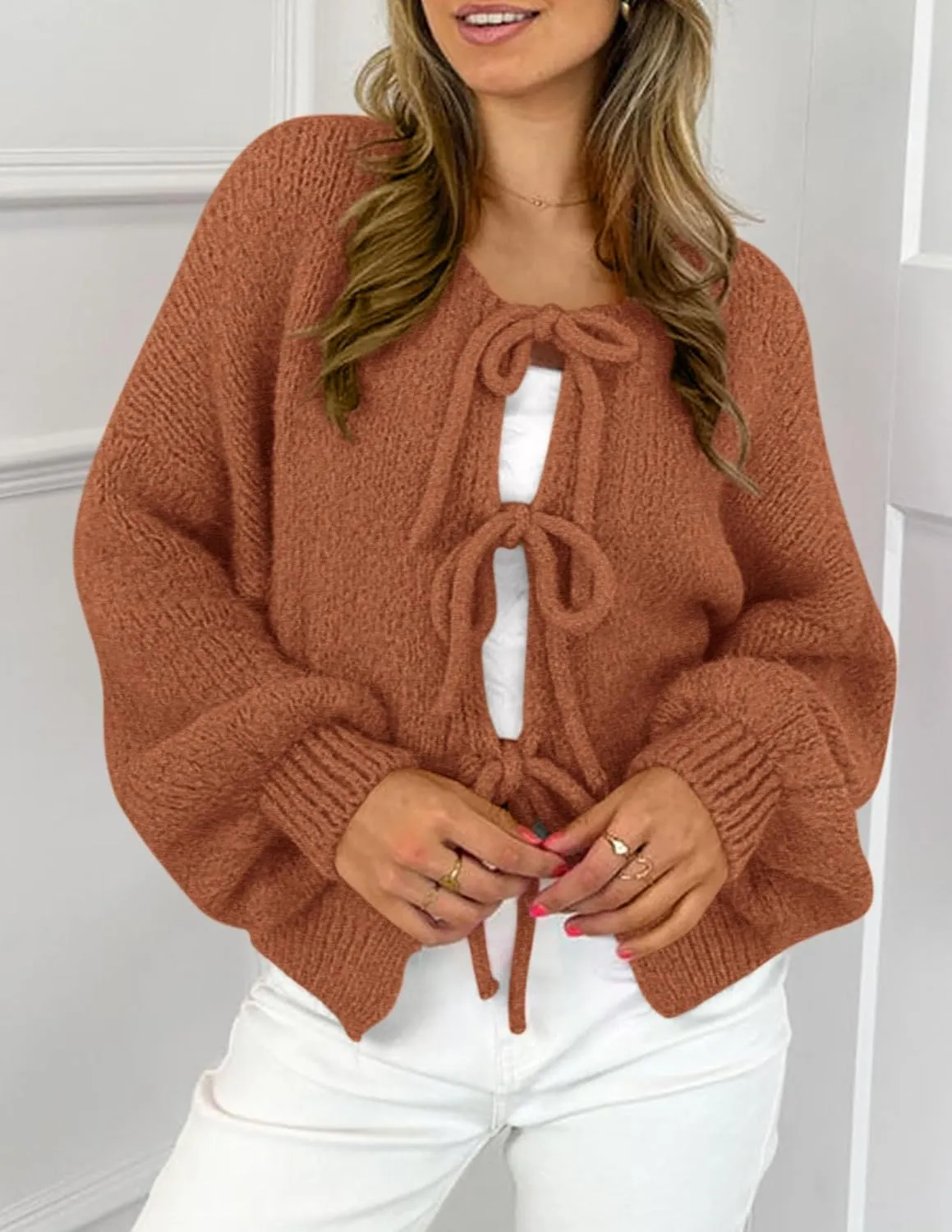 PRETTYGARDEN Women's Tie Front Bow Cardigan Sweaters Chunky Knit Long Puff Sleeve Trendy Fall Winter Jacket Coats