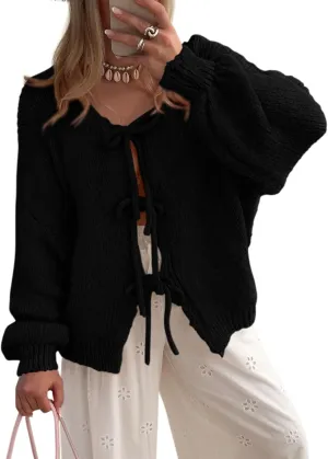 PRETTYGARDEN Women's Tie Front Bow Cardigan Sweaters Chunky Knit Long Puff Sleeve Trendy Fall Winter Jacket Coats