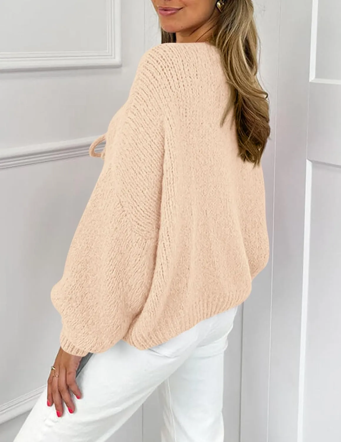 PRETTYGARDEN Women's Tie Front Bow Cardigan Sweaters Chunky Knit Long Puff Sleeve Trendy Fall Winter Jacket Coats