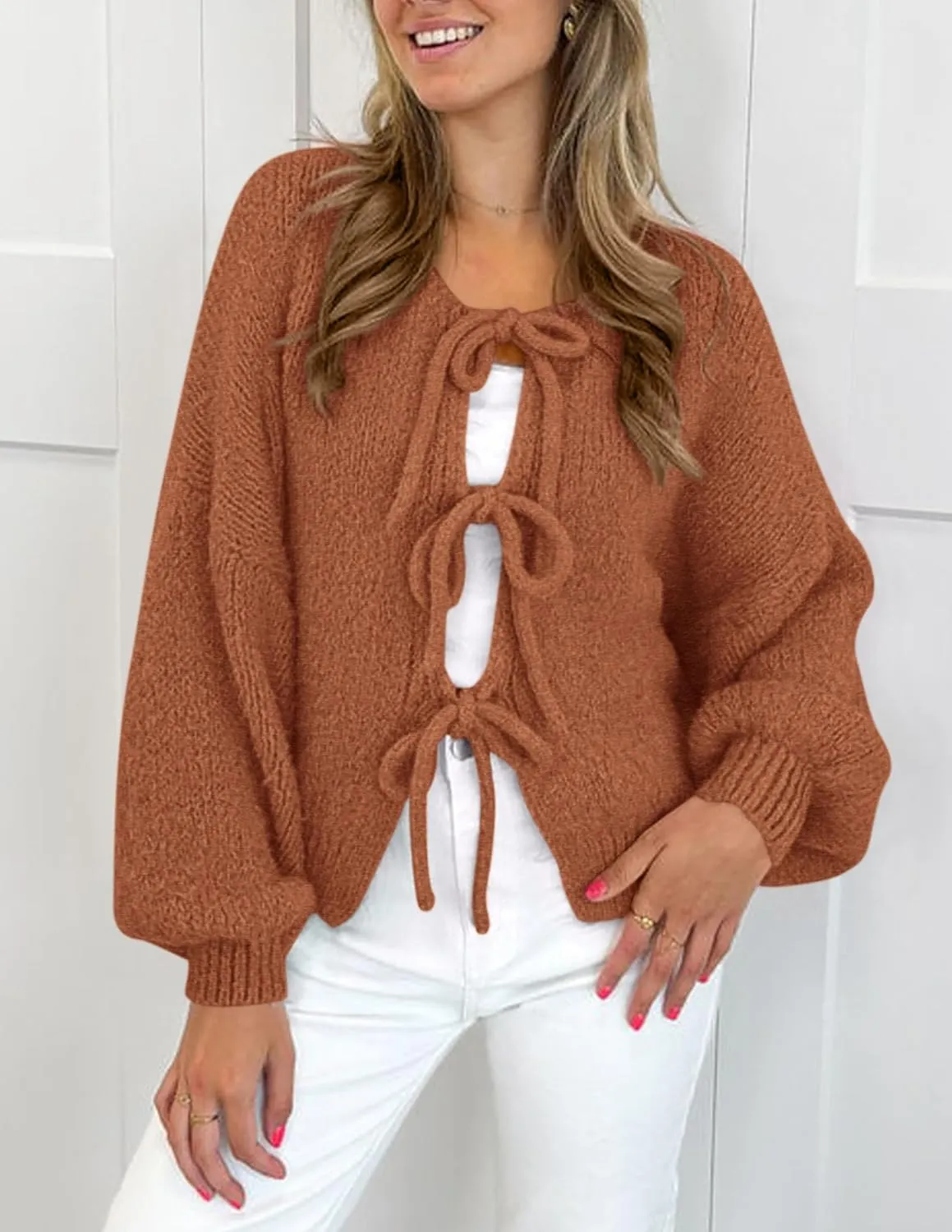 PRETTYGARDEN Women's Tie Front Bow Cardigan Sweaters Chunky Knit Long Puff Sleeve Trendy Fall Winter Jacket Coats