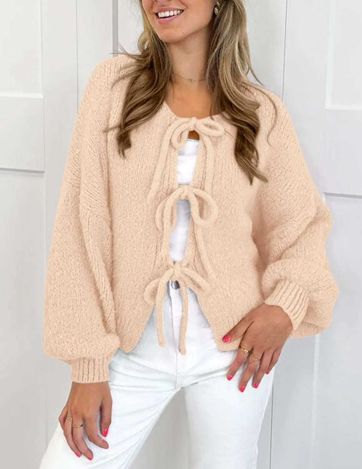 PRETTYGARDEN Women's Tie Front Bow Cardigan Sweaters Chunky Knit Long Puff Sleeve Trendy Fall Winter Jacket Coats