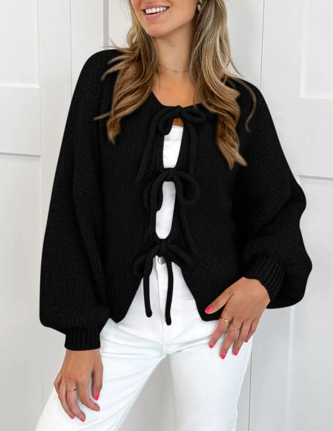 PRETTYGARDEN Women's Tie Front Bow Cardigan Sweaters Chunky Knit Long Puff Sleeve Trendy Fall Winter Jacket Coats