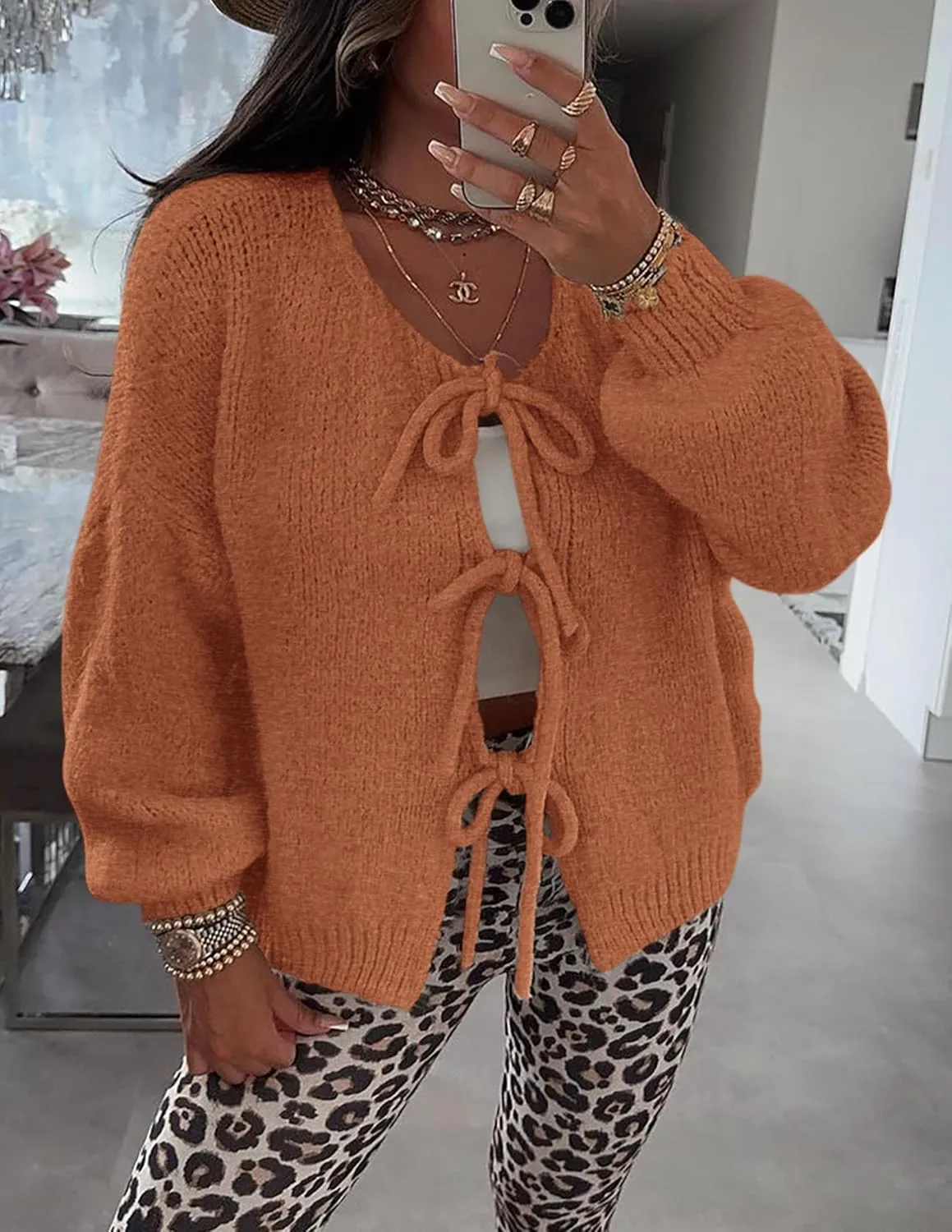 PRETTYGARDEN Women's Tie Front Bow Cardigan Sweaters Chunky Knit Long Puff Sleeve Trendy Fall Winter Jacket Coats