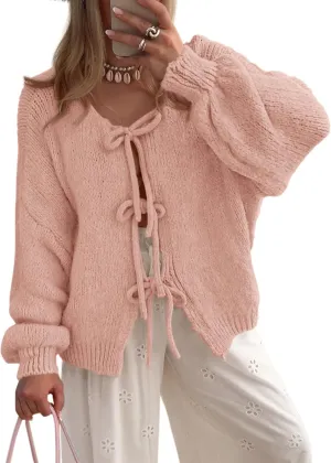 PRETTYGARDEN Women's Tie Front Bow Cardigan Sweaters Chunky Knit Long Puff Sleeve Trendy Fall Winter Jacket Coats