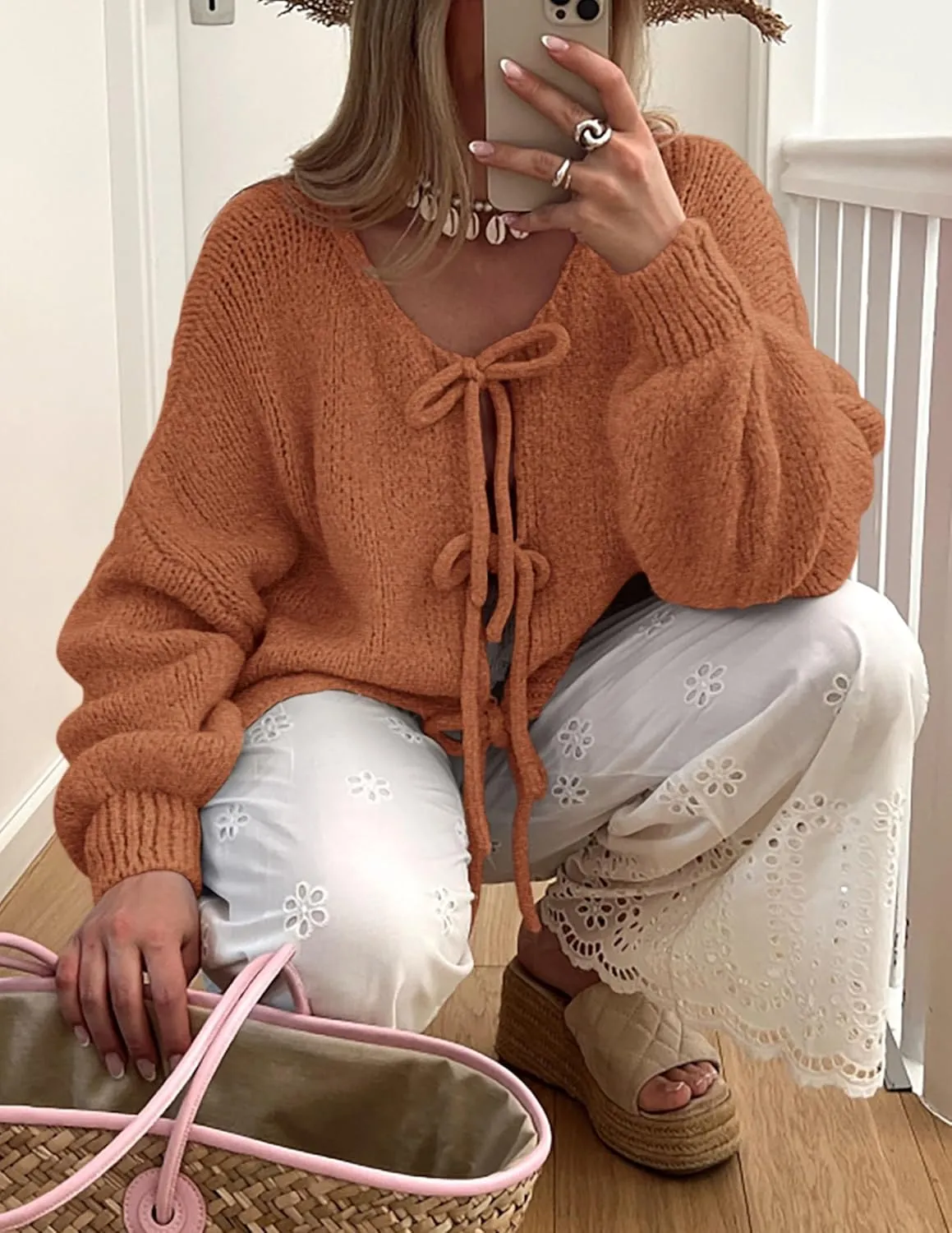 PRETTYGARDEN Women's Tie Front Bow Cardigan Sweaters Chunky Knit Long Puff Sleeve Trendy Fall Winter Jacket Coats