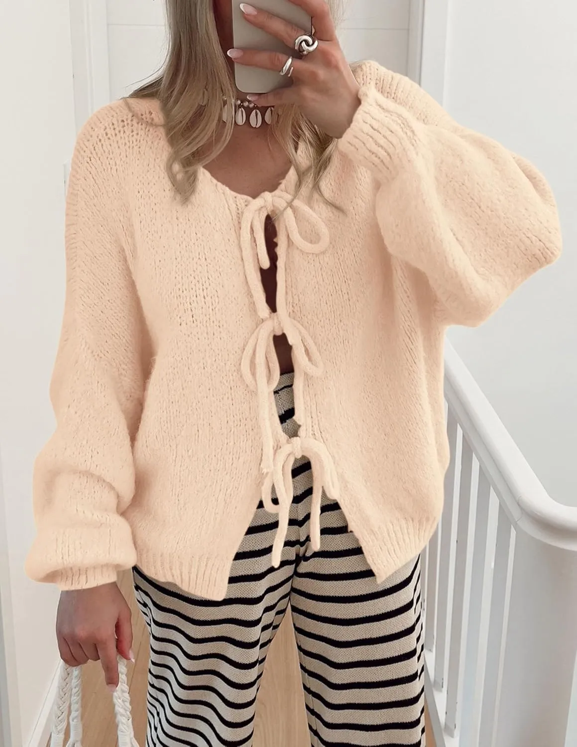 PRETTYGARDEN Women's Tie Front Bow Cardigan Sweaters Chunky Knit Long Puff Sleeve Trendy Fall Winter Jacket Coats