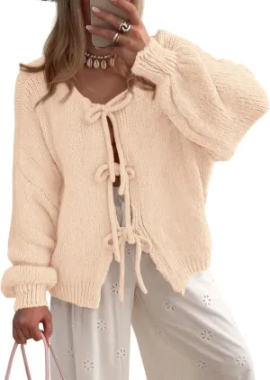 PRETTYGARDEN Women's Tie Front Bow Cardigan Sweaters Chunky Knit Long Puff Sleeve Trendy Fall Winter Jacket Coats