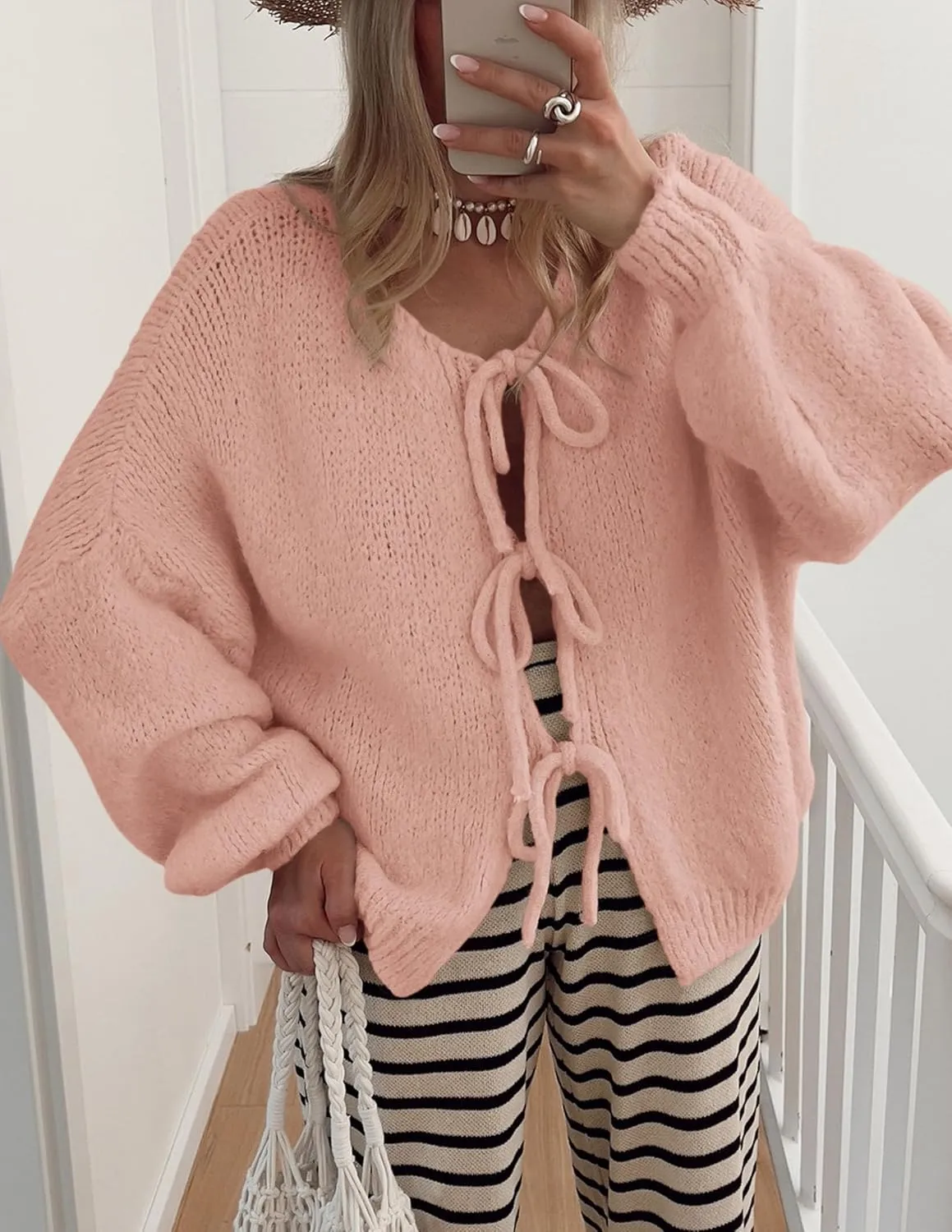 PRETTYGARDEN Women's Tie Front Bow Cardigan Sweaters Chunky Knit Long Puff Sleeve Trendy Fall Winter Jacket Coats
