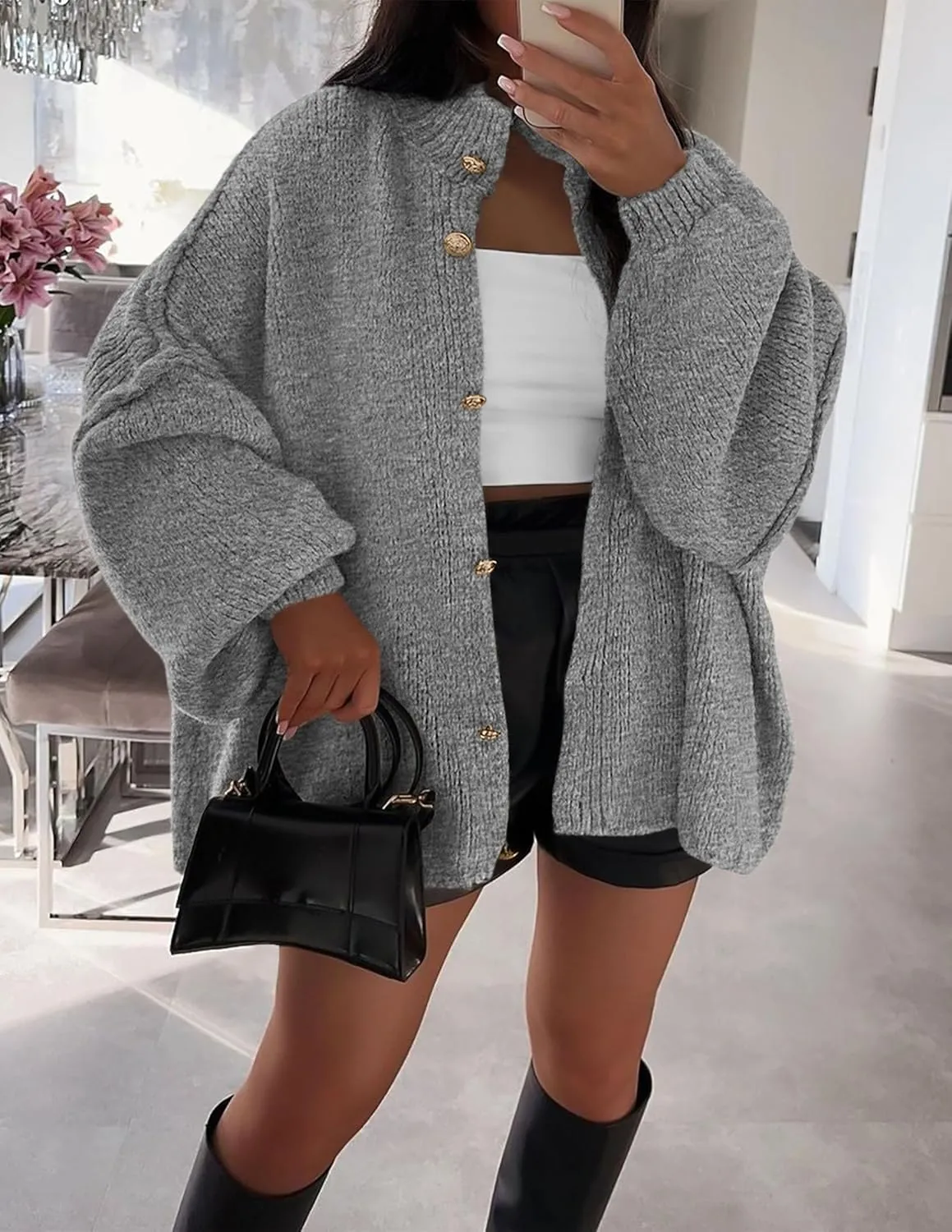 PRETTYGARDEN Women's Winter Button Down Cardigan Sweaters Mock Neck Lantern Long Sleeve Chunky Knit Jacket Trendy Outerwear
