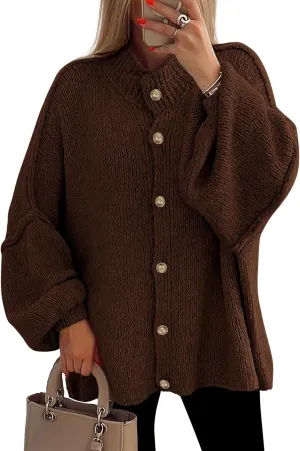 PRETTYGARDEN Women's Winter Button Down Cardigan Sweaters Mock Neck Lantern Long Sleeve Chunky Knit Jacket Trendy Outerwear