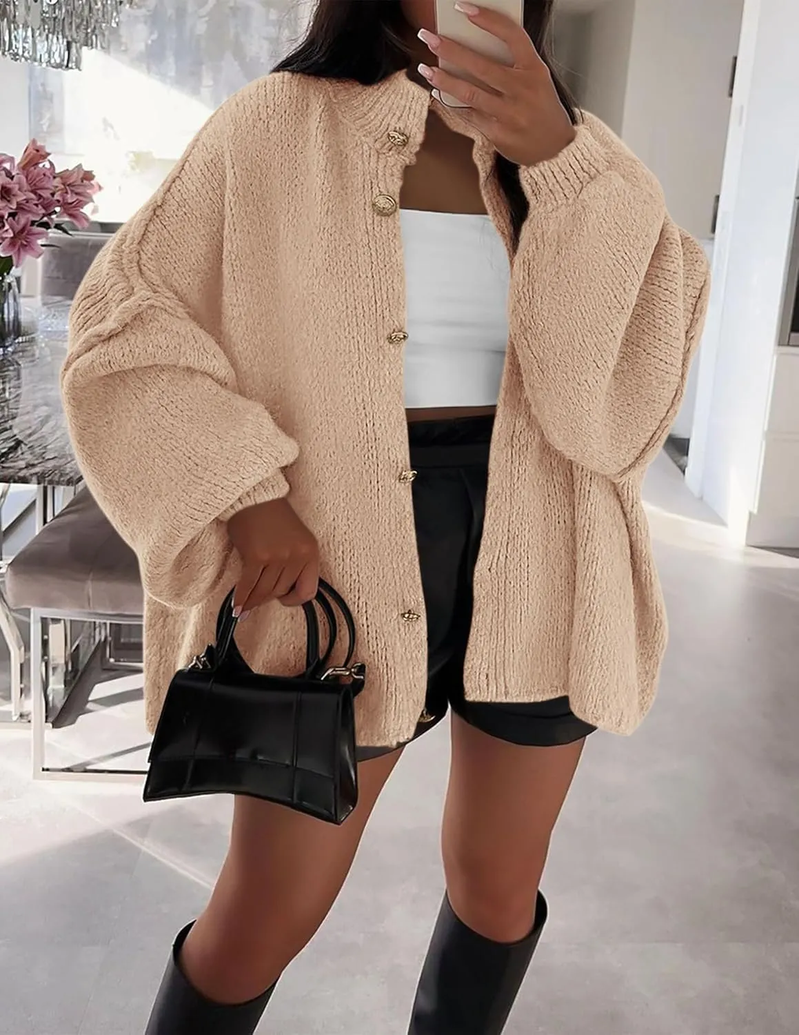 PRETTYGARDEN Women's Winter Button Down Cardigan Sweaters Mock Neck Lantern Long Sleeve Chunky Knit Jacket Trendy Outerwear