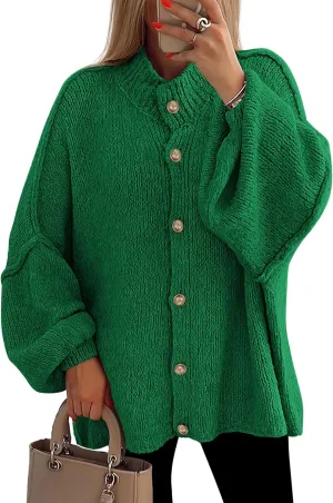 PRETTYGARDEN Women's Winter Button Down Cardigan Sweaters Mock Neck Lantern Long Sleeve Chunky Knit Jacket Trendy Outerwear