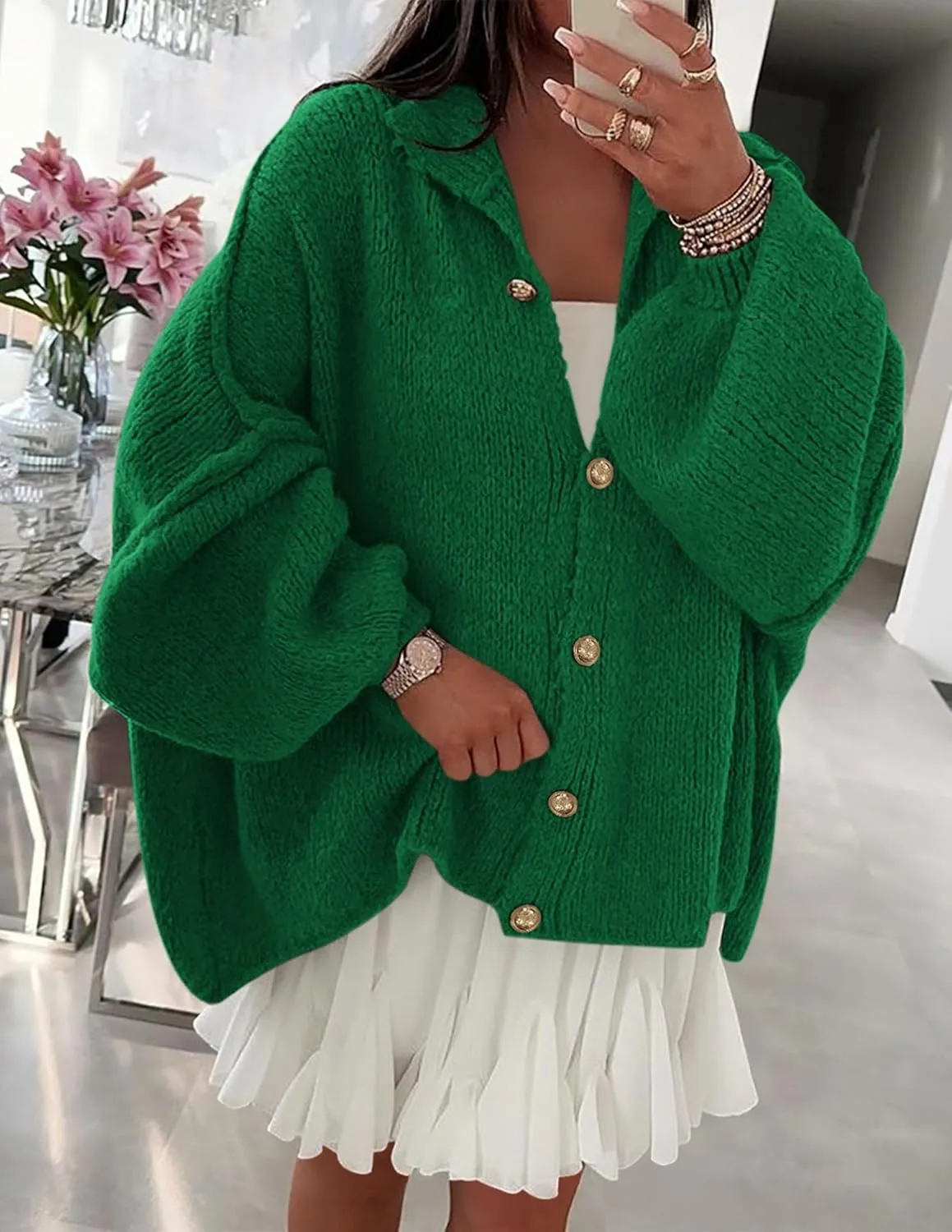 PRETTYGARDEN Women's Winter Button Down Cardigan Sweaters Mock Neck Lantern Long Sleeve Chunky Knit Jacket Trendy Outerwear