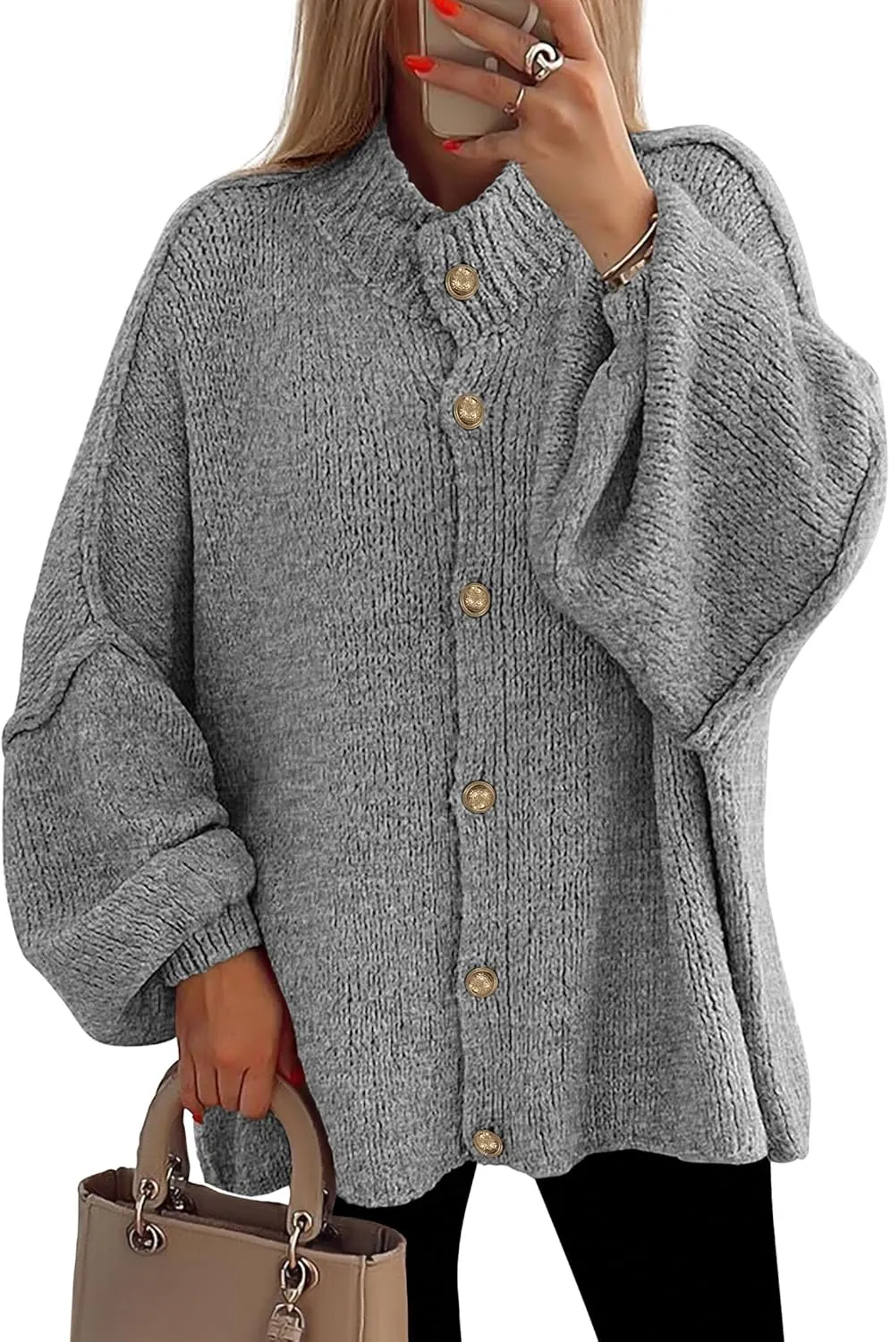 PRETTYGARDEN Women's Winter Button Down Cardigan Sweaters Mock Neck Lantern Long Sleeve Chunky Knit Jacket Trendy Outerwear