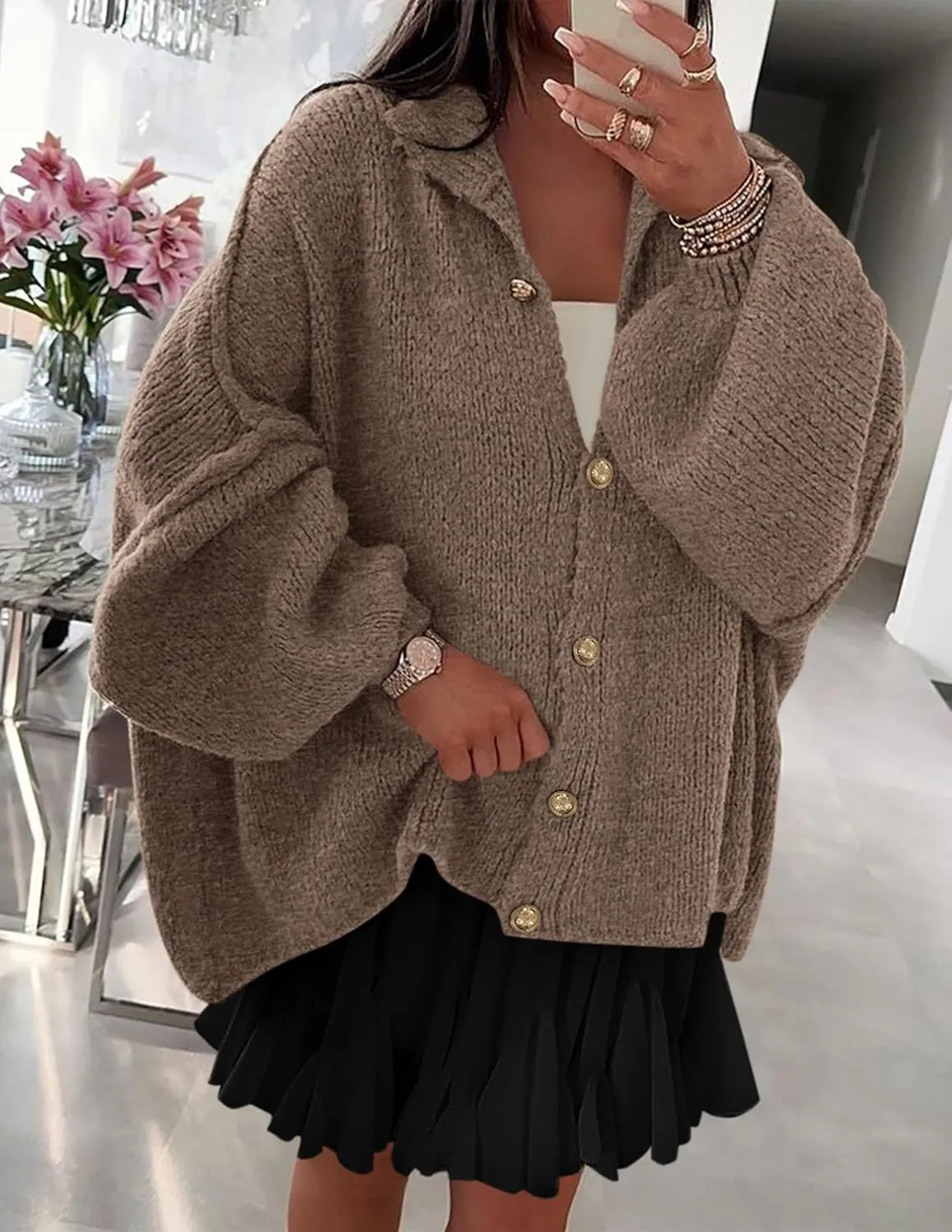PRETTYGARDEN Women's Winter Button Down Cardigan Sweaters Mock Neck Lantern Long Sleeve Chunky Knit Jacket Trendy Outerwear