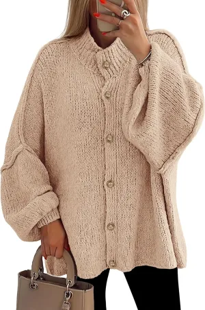 PRETTYGARDEN Women's Winter Button Down Cardigan Sweaters Mock Neck Lantern Long Sleeve Chunky Knit Jacket Trendy Outerwear