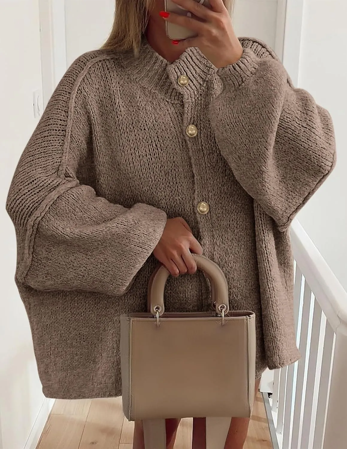 PRETTYGARDEN Women's Winter Button Down Cardigan Sweaters Mock Neck Lantern Long Sleeve Chunky Knit Jacket Trendy Outerwear