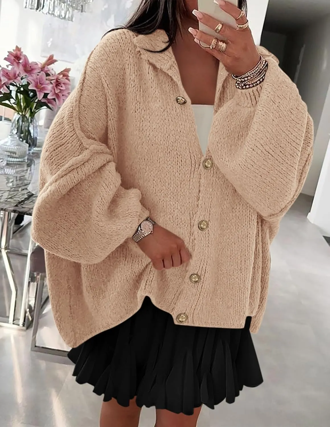 PRETTYGARDEN Women's Winter Button Down Cardigan Sweaters Mock Neck Lantern Long Sleeve Chunky Knit Jacket Trendy Outerwear