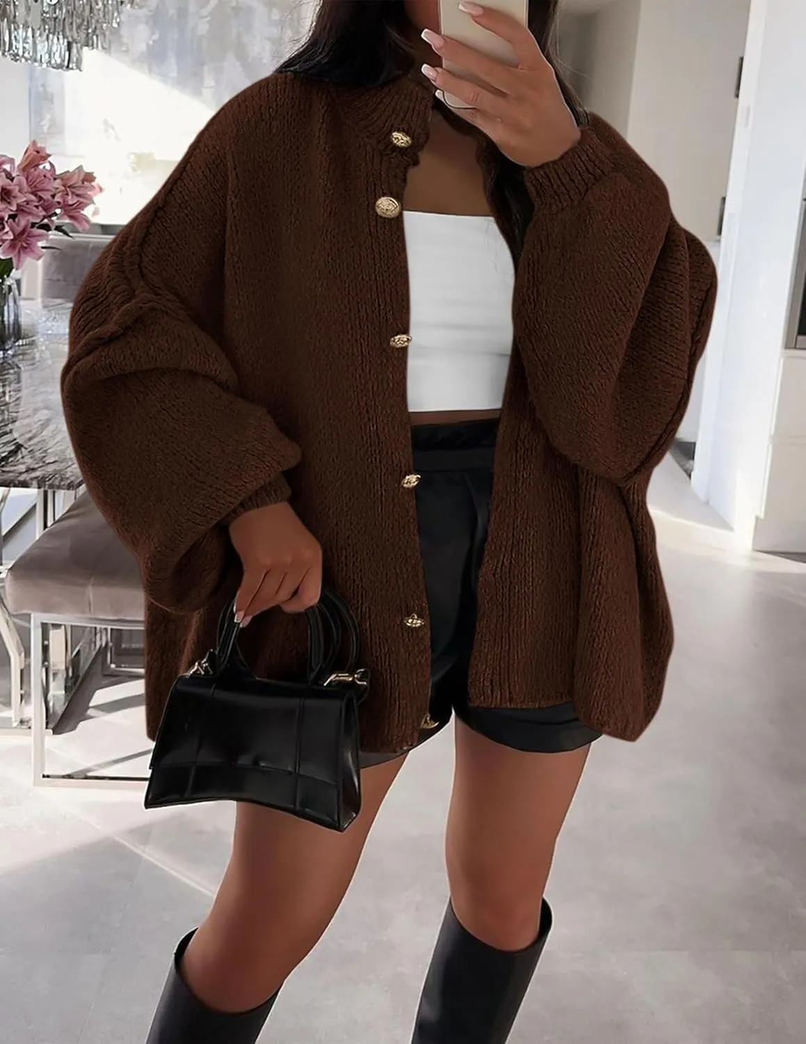 PRETTYGARDEN Women's Winter Button Down Cardigan Sweaters Mock Neck Lantern Long Sleeve Chunky Knit Jacket Trendy Outerwear