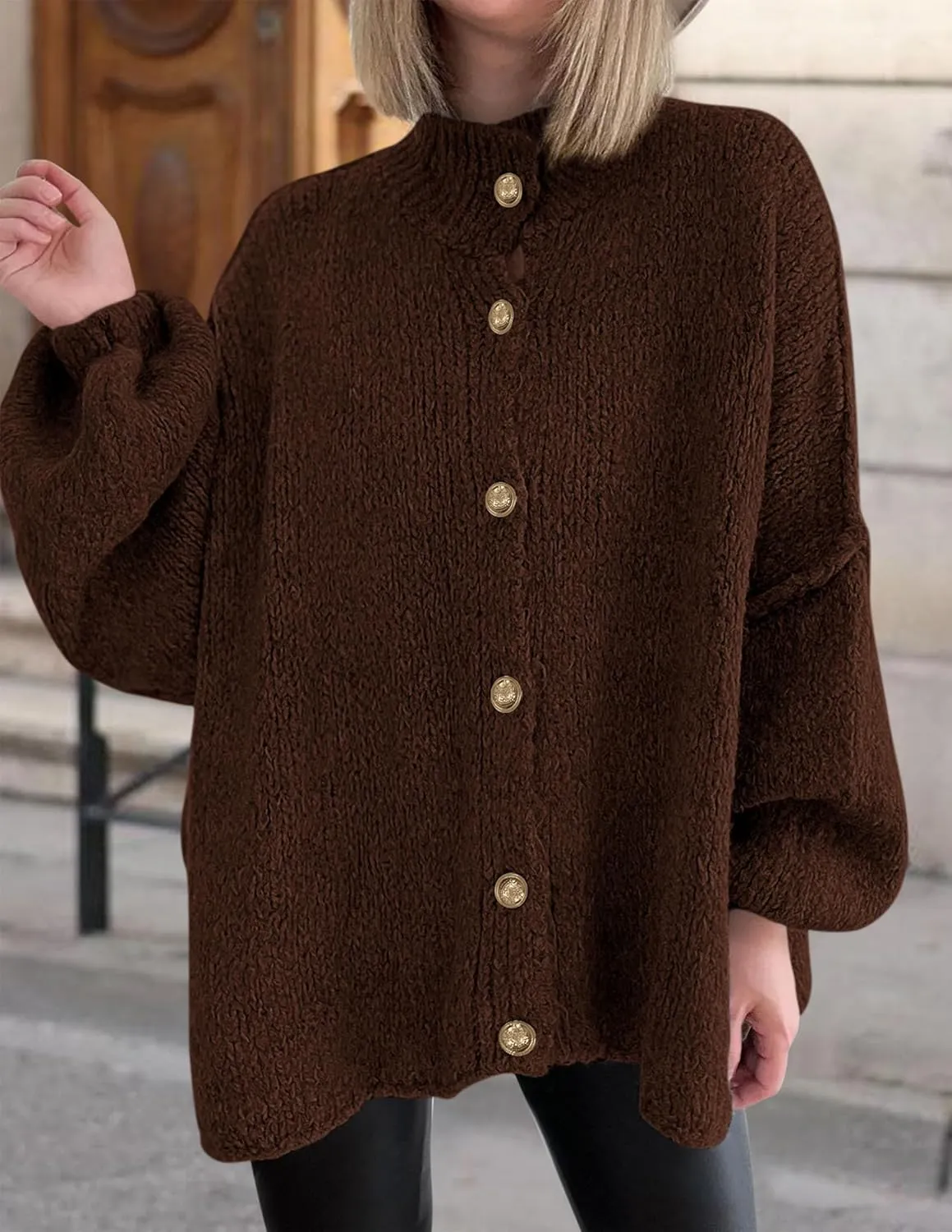 PRETTYGARDEN Women's Winter Button Down Cardigan Sweaters Mock Neck Lantern Long Sleeve Chunky Knit Jacket Trendy Outerwear