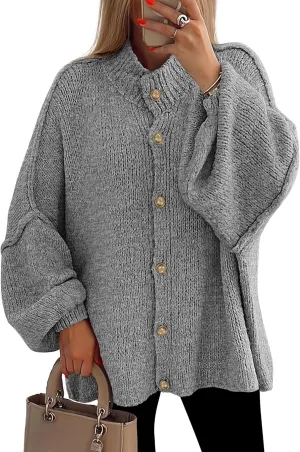 PRETTYGARDEN Women's Winter Button Down Cardigan Sweaters Mock Neck Lantern Long Sleeve Chunky Knit Jacket Trendy Outerwear