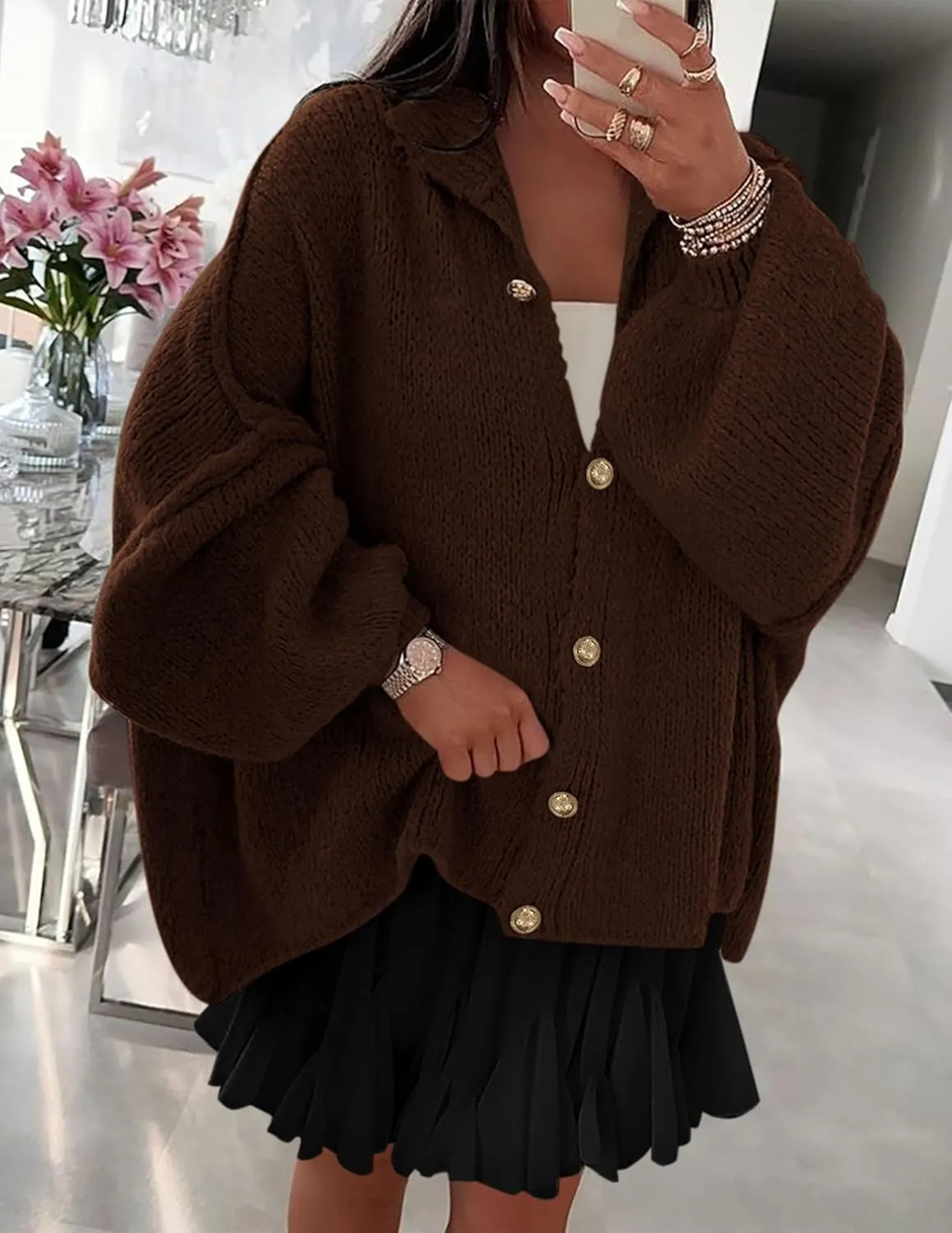 PRETTYGARDEN Women's Winter Button Down Cardigan Sweaters Mock Neck Lantern Long Sleeve Chunky Knit Jacket Trendy Outerwear