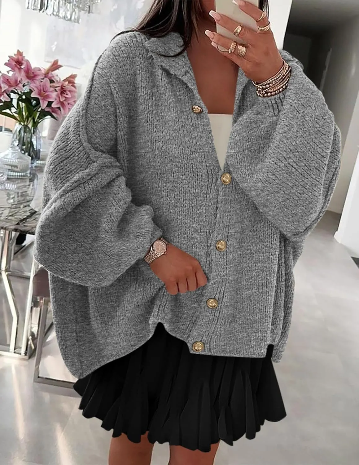 PRETTYGARDEN Women's Winter Button Down Cardigan Sweaters Mock Neck Lantern Long Sleeve Chunky Knit Jacket Trendy Outerwear