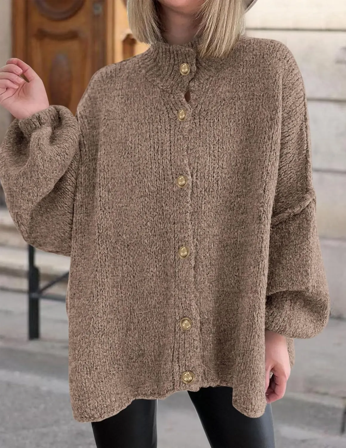 PRETTYGARDEN Women's Winter Button Down Cardigan Sweaters Mock Neck Lantern Long Sleeve Chunky Knit Jacket Trendy Outerwear