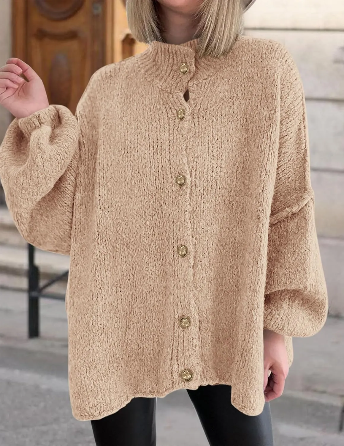 PRETTYGARDEN Women's Winter Button Down Cardigan Sweaters Mock Neck Lantern Long Sleeve Chunky Knit Jacket Trendy Outerwear