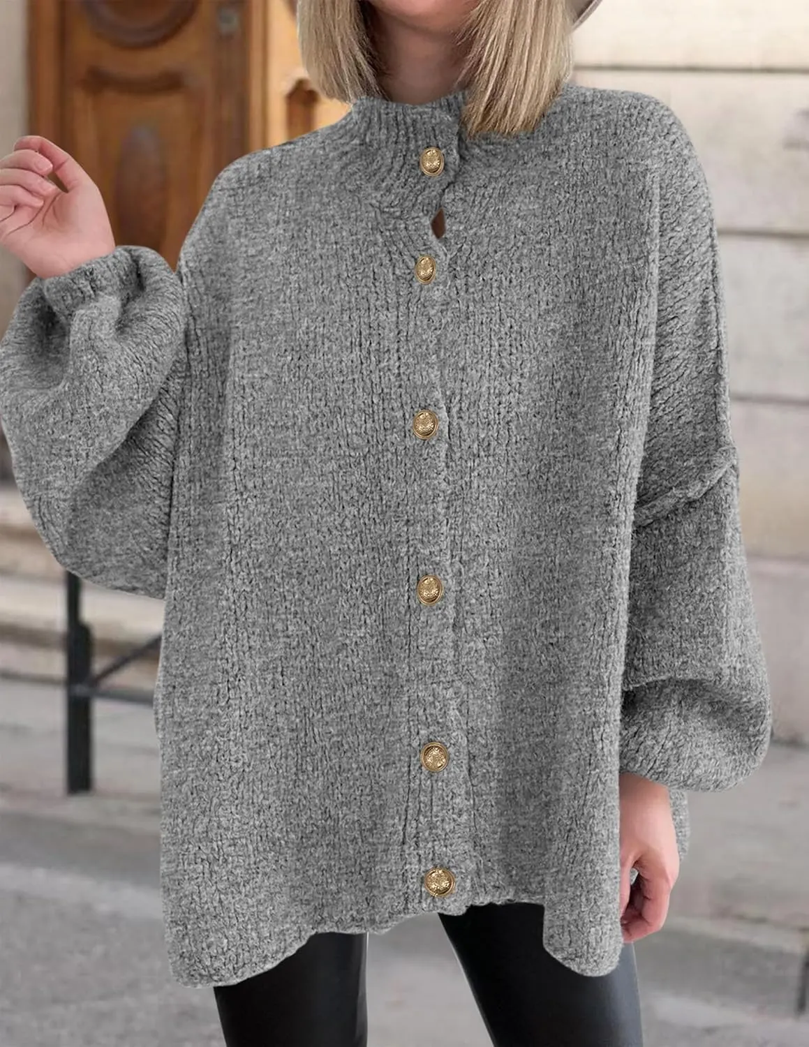 PRETTYGARDEN Women's Winter Button Down Cardigan Sweaters Mock Neck Lantern Long Sleeve Chunky Knit Jacket Trendy Outerwear