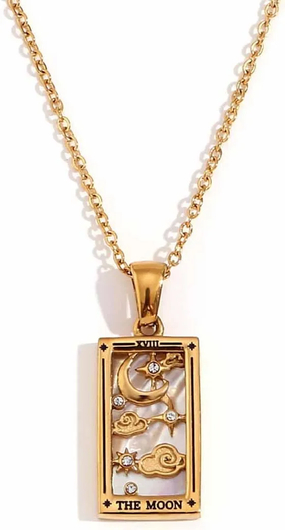 Psivika Gold Plated Tarot Card Necklace Vintage Necklace Good Luck Amulet Tarot Pendant Necklace for Women Men