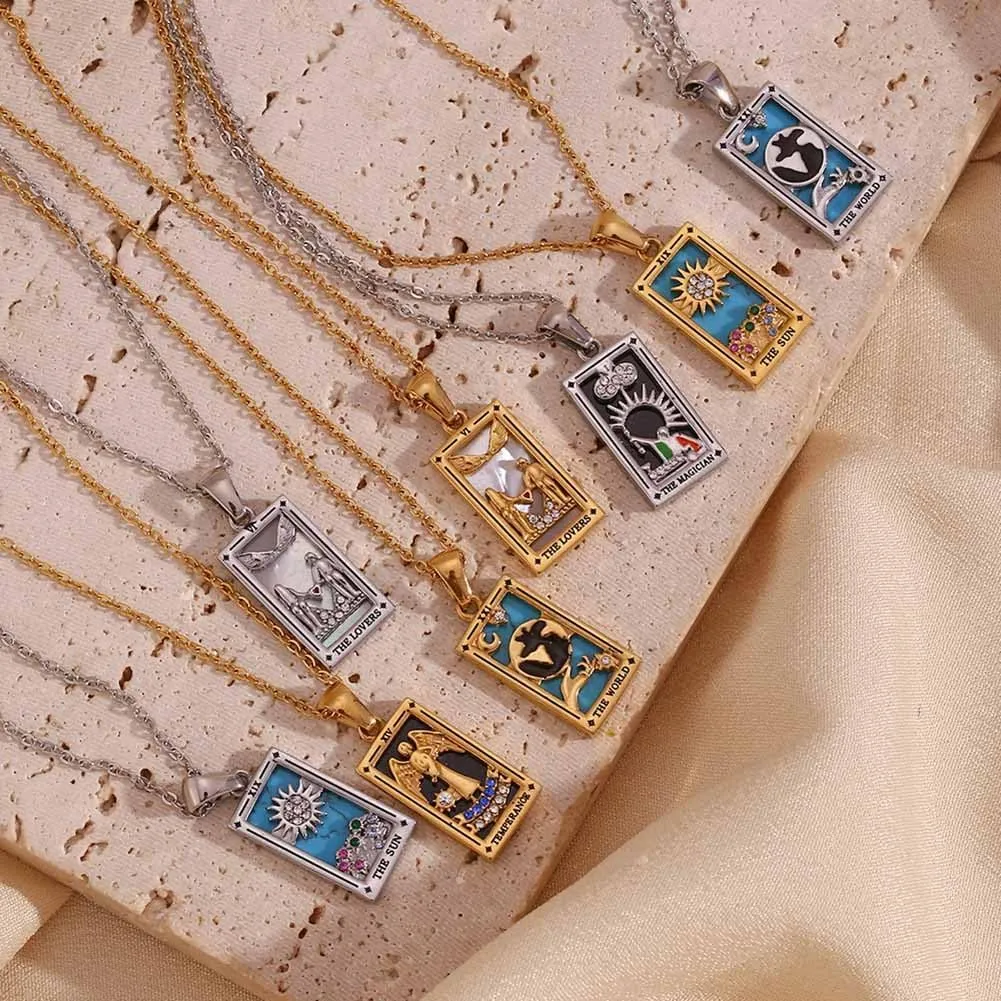 Psivika Gold Plated Tarot Card Necklace Vintage Necklace Good Luck Amulet Tarot Pendant Necklace for Women Men