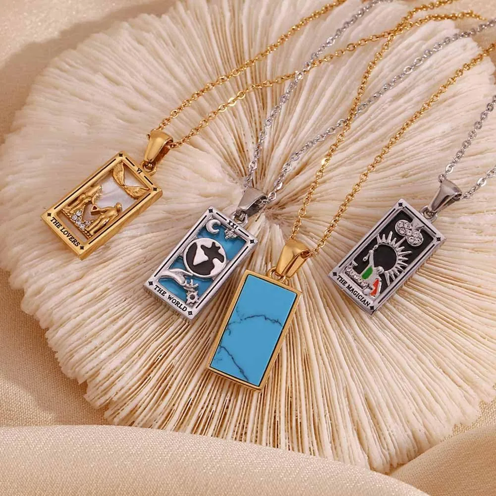 Psivika Gold Plated Tarot Card Necklace Vintage Necklace Good Luck Amulet Tarot Pendant Necklace for Women Men