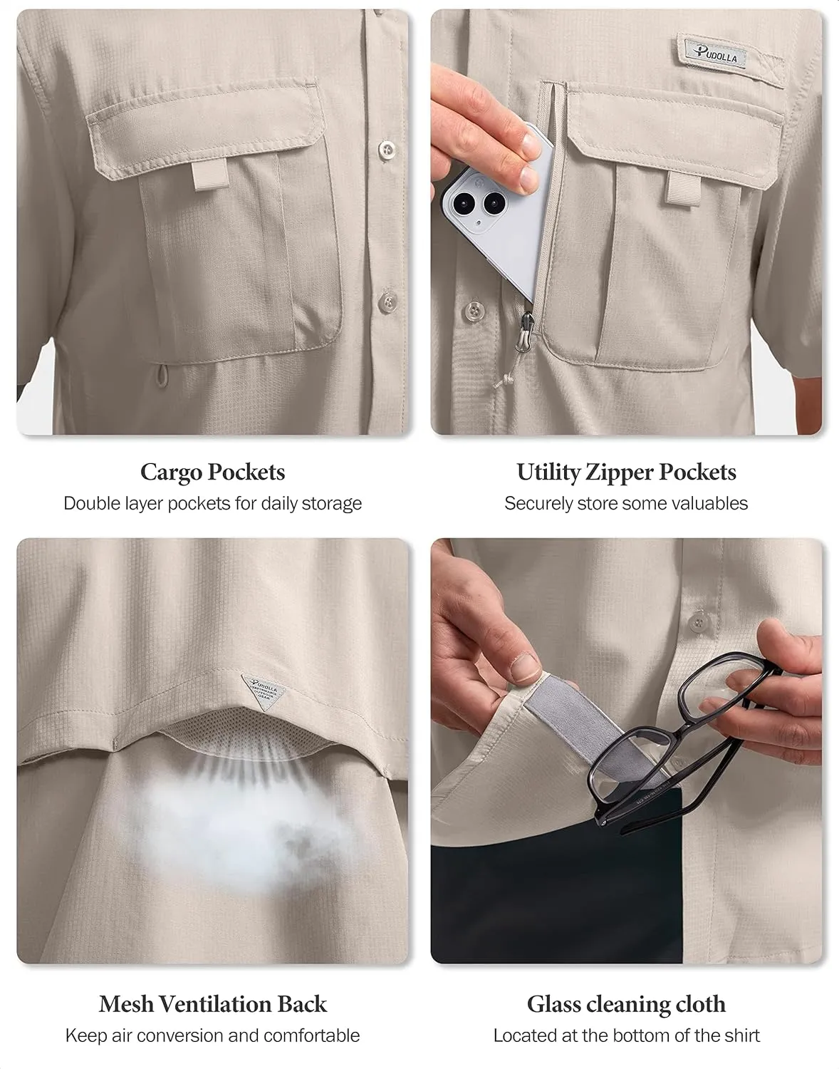 Pudolla Men's Fishing Shirts with Short Sleeves, Summer Travel Work Shirts, Button Down with UPF50  and Zipper Pockets
