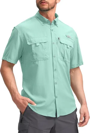Pudolla Men's Fishing Shirts with Short Sleeves, Summer Travel Work Shirts, Button Down with UPF50  and Zipper Pockets