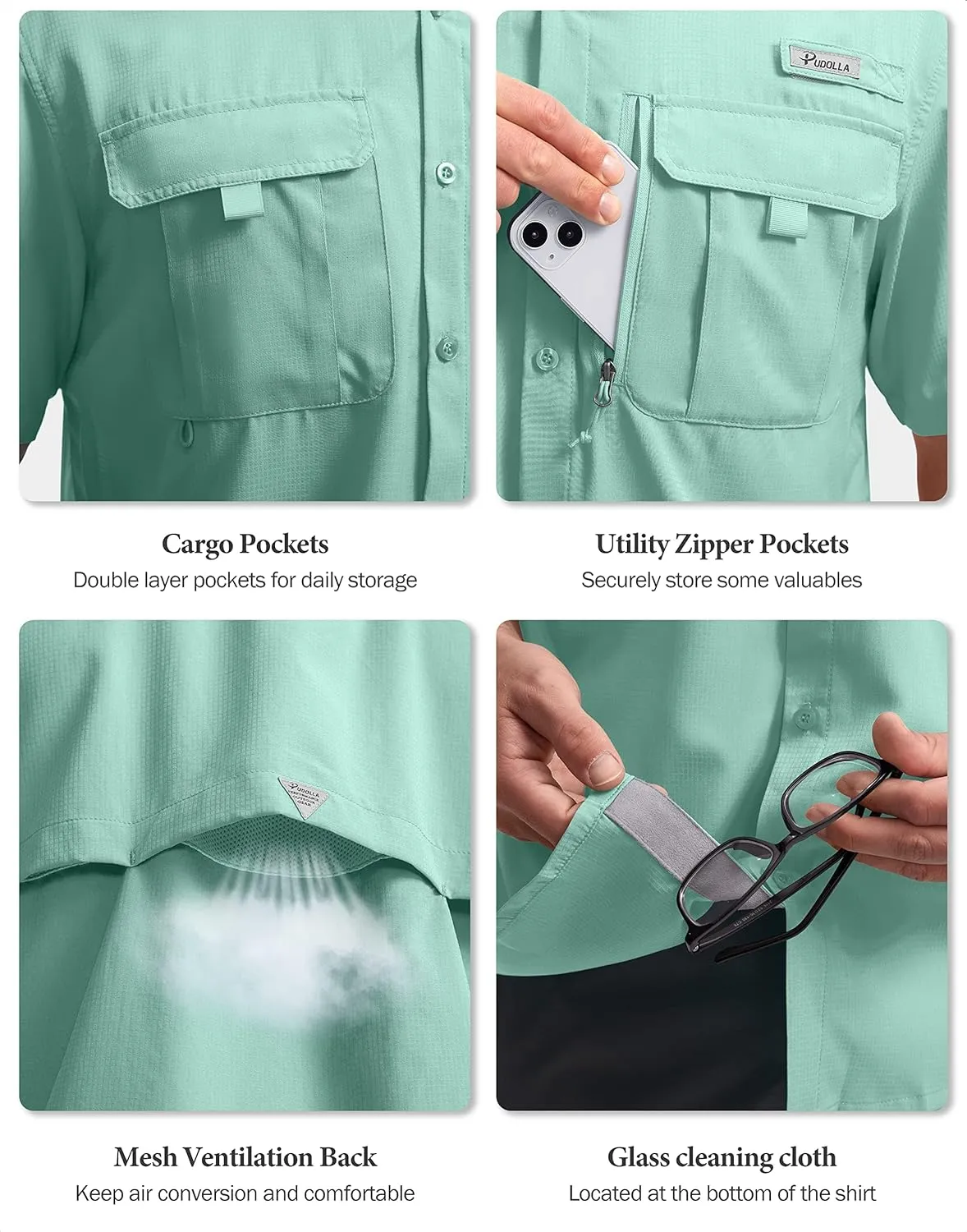 Pudolla Men's Fishing Shirts with Short Sleeves, Summer Travel Work Shirts, Button Down with UPF50  and Zipper Pockets
