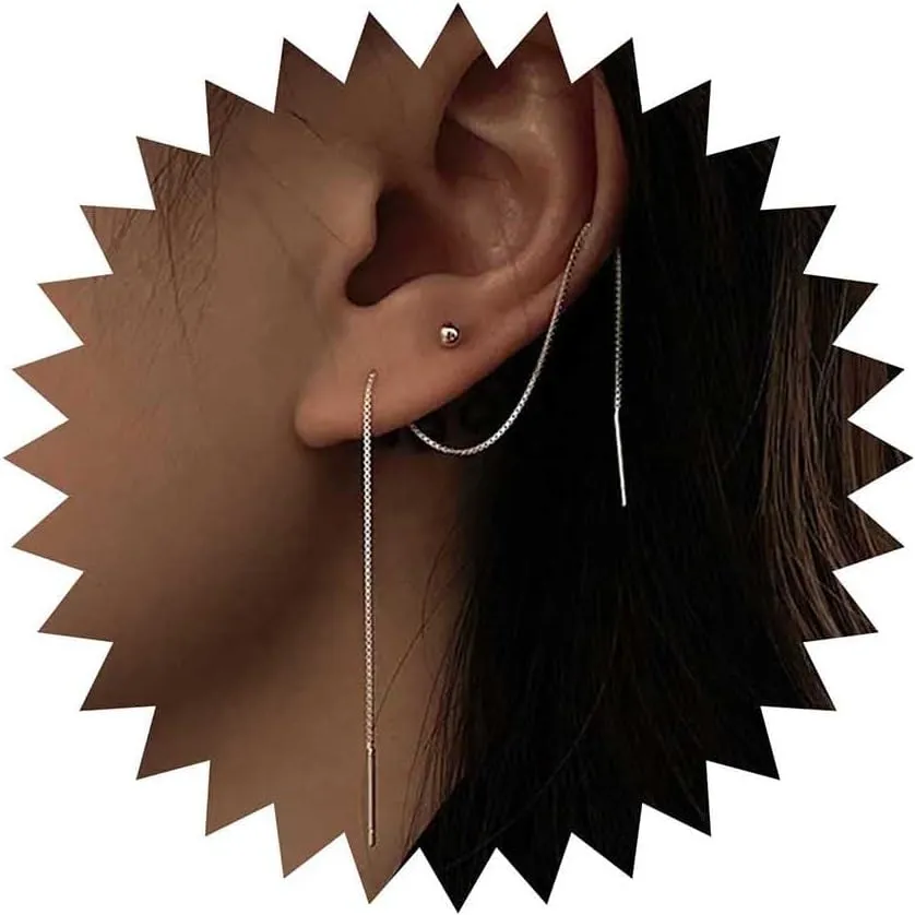 Punk Long Chain Dangle Earrings Bar Drop Threader Chain Earrings Chain Thread Through Earrings Silver Chain Threader Earrings Sleek Chain Drop Earrings Jewelry for Women