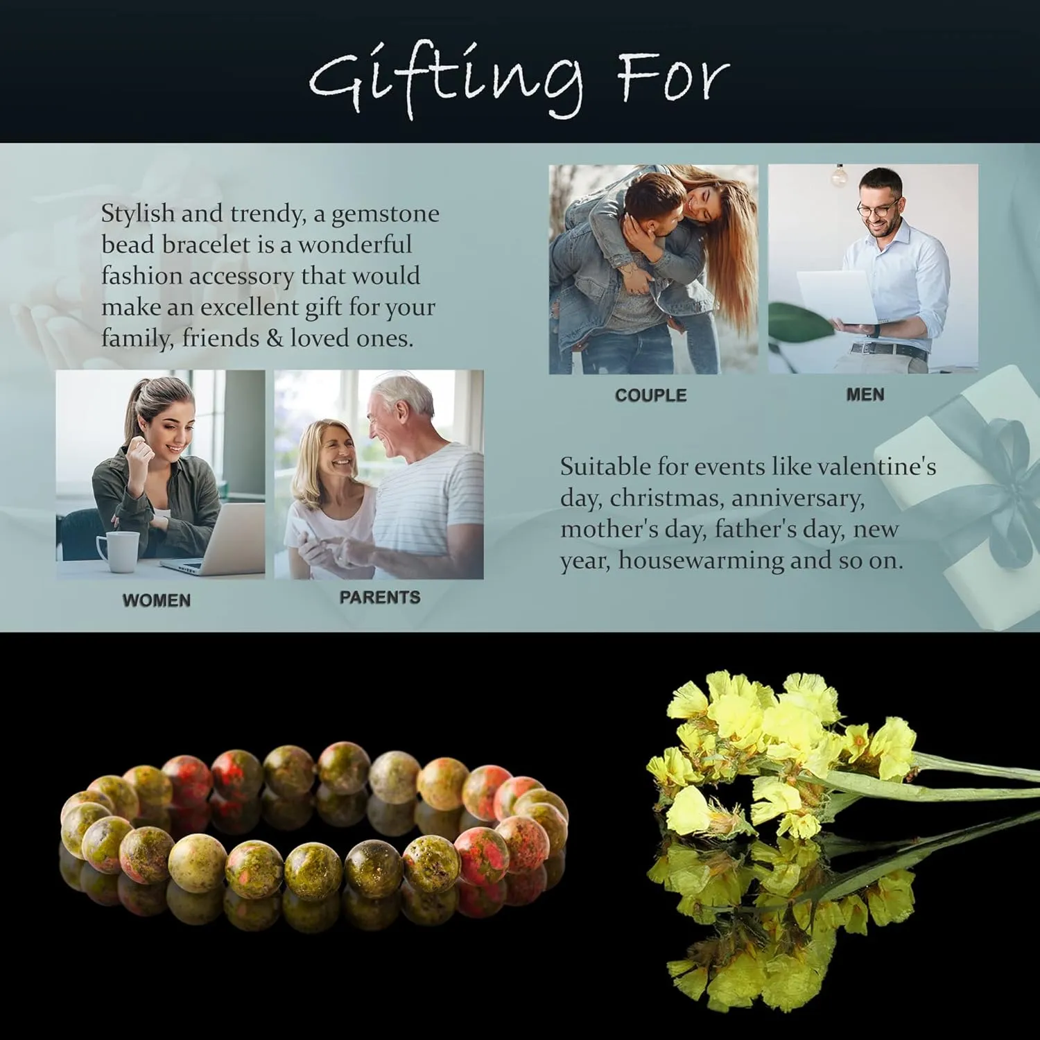 PYOR Unakite Crystal Beads Bracelet Chakra Healing Crystals Gemstones Reiki Spiritual Gift Jewelry Good Luck Gem Positive Gifts Natural Stone Prosperity Stones Spiritual Bead Bracelet Precious Stone